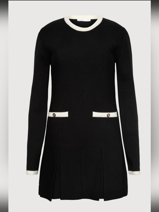 NWT OAK + FORT Black Knit Long-Sleeve Pleated-Hem Dress with Cream Trim - Picture 2 of 4